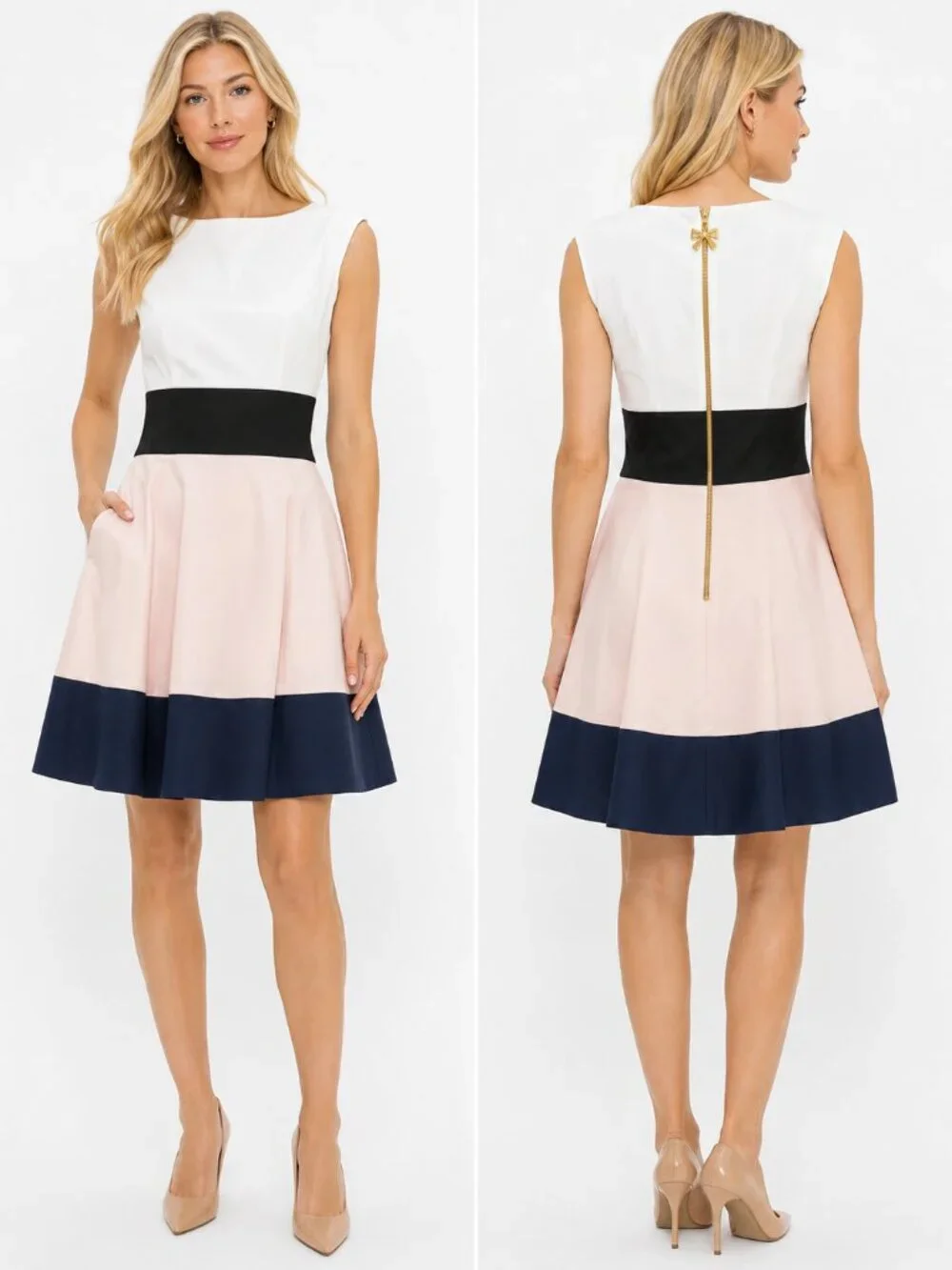 Kate Spade Colorblock Fit & Flare Dress Women White Pink Navy Size 00 XXS Chic